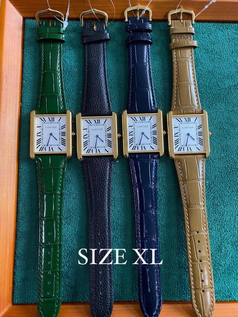 Crtr Tank Watch - Multiple Sizes and Colors Available (Category: Luxury Watches) located in San Juan City. Submitted by wristcheckdiaries (Listing ID 1462554508, Image 3). Description: - Classic CrtrTank watches - Available Sizes: Large, XL, Medium - Available Colors: Blue, Tan, Green, Black, Red - Features Roman numerals on the face - Crocodile-embossed leather straps - Versatile for any occasion - Please check photos for specific color and size