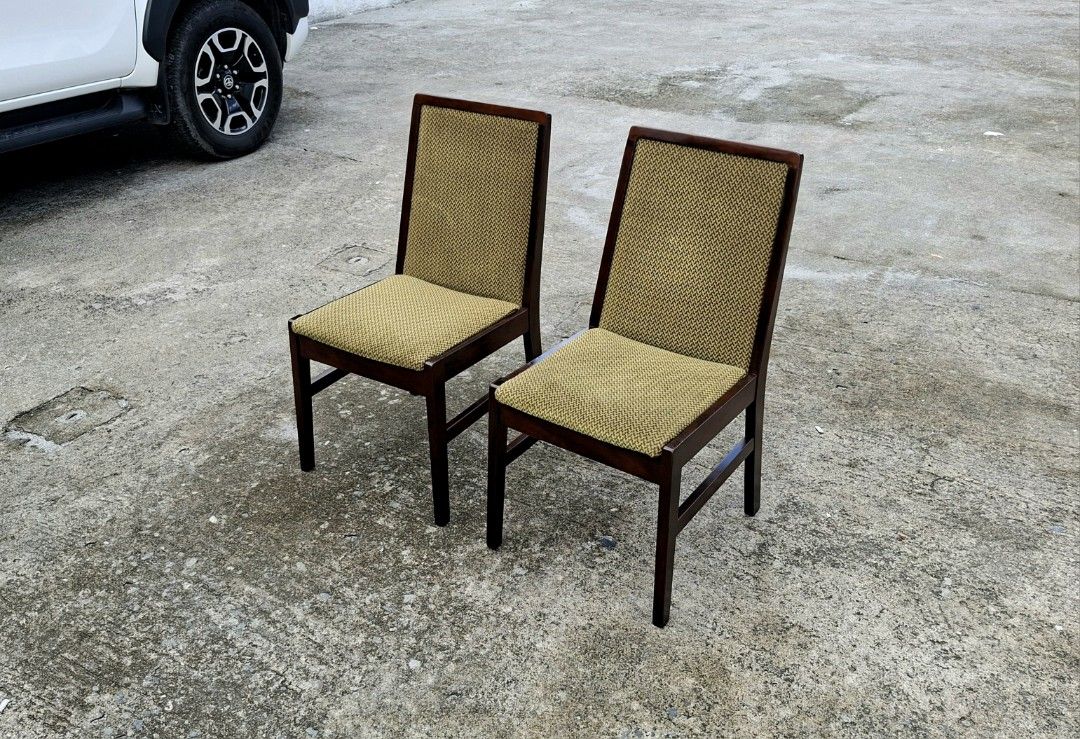 Danish Modern Dining Chair (Category: Chairs) located in Mabalacat. Submitted by thenewcraf32843 (Listing ID 1462513752, Image 3). Description: Danish Modern Dining Chair In great condition. In green textured fabric upholster. Rosewood frame, sturdy. 2 units available. With markings Japan made. Dimensions: W16 x D16.5 x Sh17 x H33.5 inches Price: 2.5k each / 4.8k both We do shipping via lalamove / victory liner drop & go. Dm to inquire.