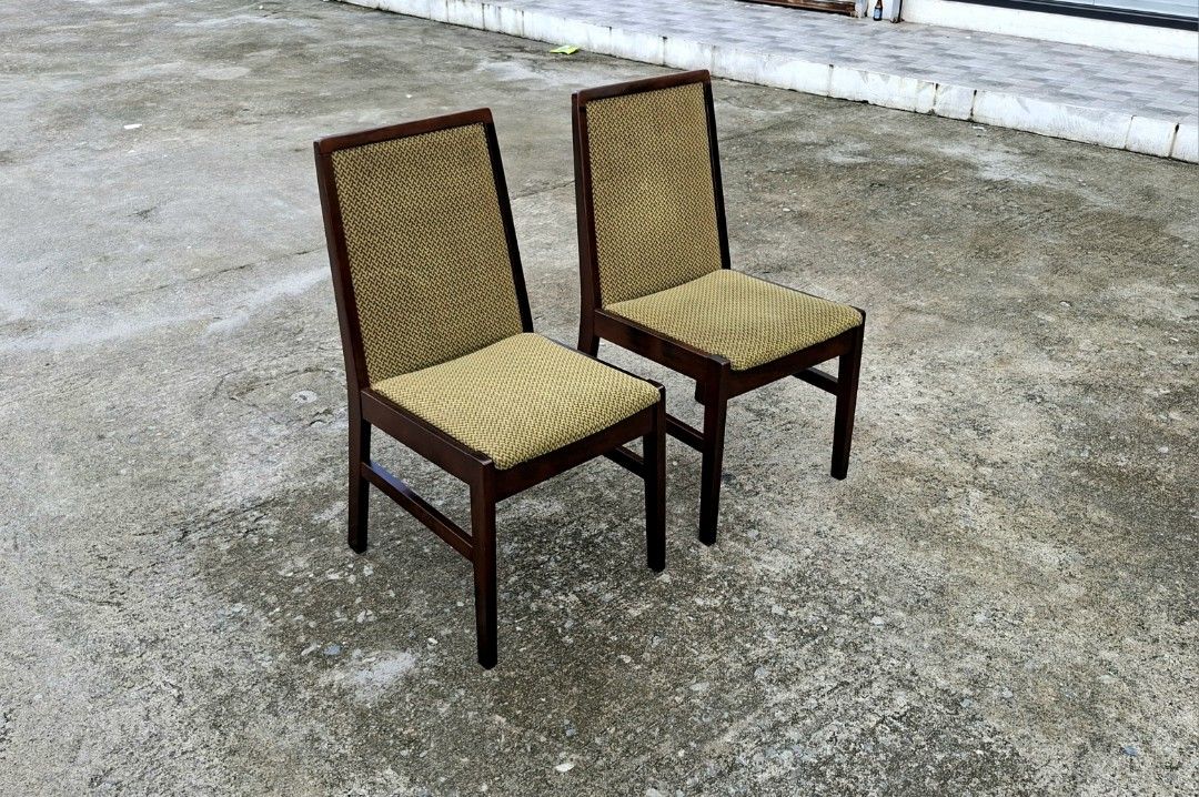 Danish Modern Dining Chair (Category: Chairs) located in Mabalacat. Submitted by thenewcraf32843 (Listing ID 1462513752, Image 2). Description: Danish Modern Dining Chair In great condition. In green textured fabric upholster. Rosewood frame, sturdy. 2 units available. With markings Japan made. Dimensions: W16 x D16.5 x Sh17 x H33.5 inches Price: 2.5k each / 4.8k both We do shipping via lalamove / victory liner drop & go. Dm to inquire.