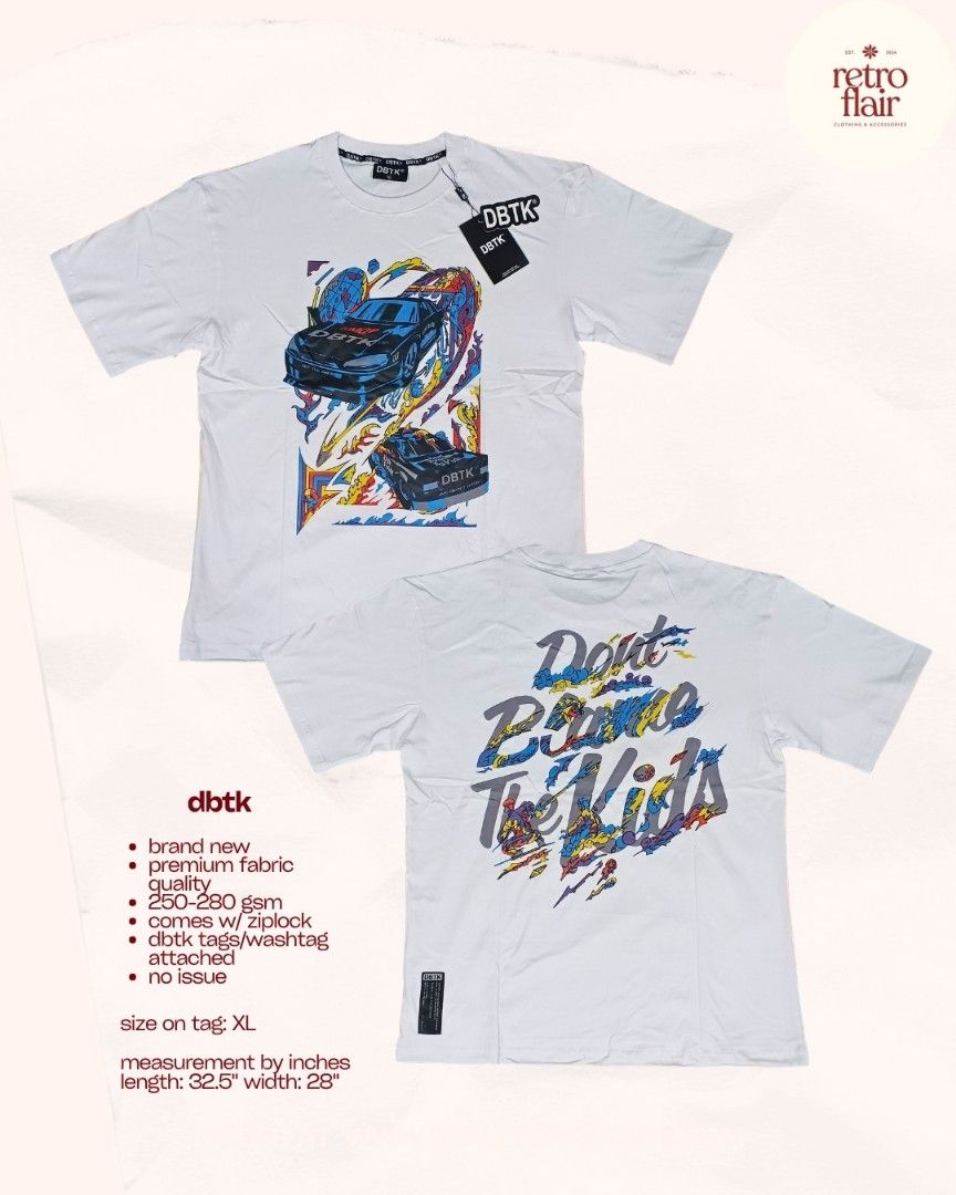 DBTK Graphic T-Shirt XL White (Category: Tshirts & Polo Shirts ) located in Bulacan. Submitted by retroflair.444 (Listing ID 1462508739, Image 1). Description: - Branded Ovërrüns - Size on tag: XL - White DBTK graphic tee - Premium fabric (250-280 gsm) - Includes ziplock bag and original tags/washtag - No issues or defects - Measurements: Length 32.5 inches, Width 28 inches.
