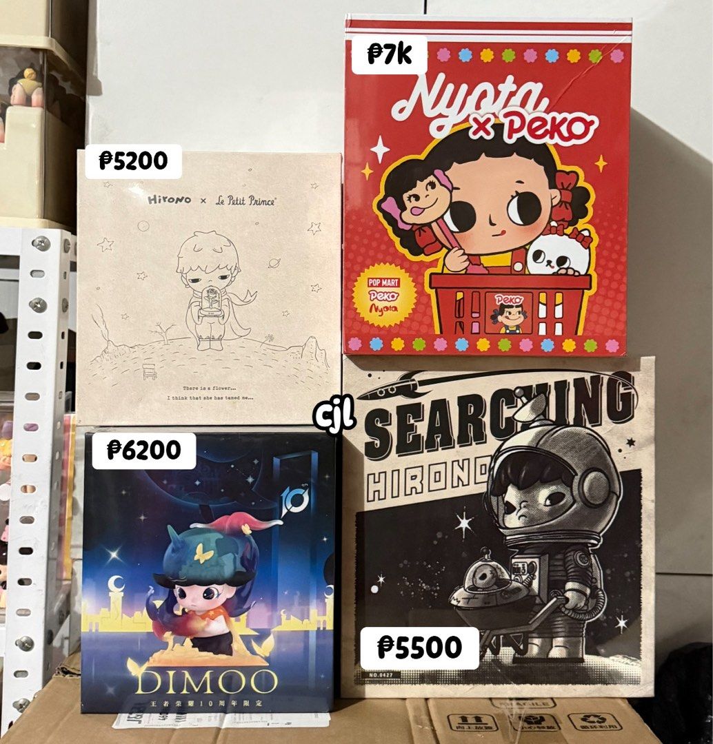 DIMOO, HIRONO, NYOTA 200% (Category: Designer & Blind Box Toys) located in Bacoor. Submitted by masijakeopi_ (Listing ID 1462667250, Image 1). Description: NYOTA x PEKO ₱7k *slight dent box HIRONO LITTLE PRINCE ₱5200 below srp HIRONO ALIEN ❌SOLD❌ DIMOO HONOR OF KINGS ₱6200 ✨ONHAND, ALL SEALED PLASTIC ✨PAYO 💵MOP- Gcash, Maya, Bank Transfer 🚚MOD- For Same Day Delivery only po muna (Lalamove or Grab) but can ship via jnt or lbc if buyer is willing