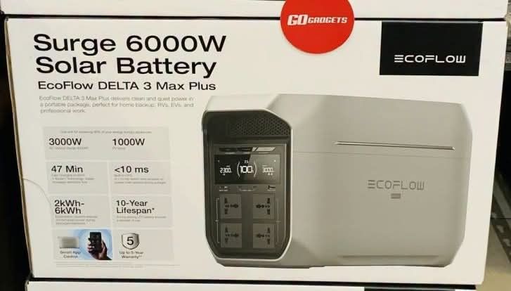 EcoFlow DELTA 3 Max Plus Surge 6000W Solar Battery (Category: Batteries & Power Banks) located in Caloocan City. Submitted by kentsalvador31 (Listing ID 1462512281, Image 1). Description: - EcoFlow DELTA 3 Max Plus: Your ultimate power solution. - 6000W Surge Power: Handles demanding appliances. - Clean & Quiet Power: Ideal for sensitive electronics and peaceful environments. - Versatile Use: Perfect for home backup, RV adventures, and EV chargin