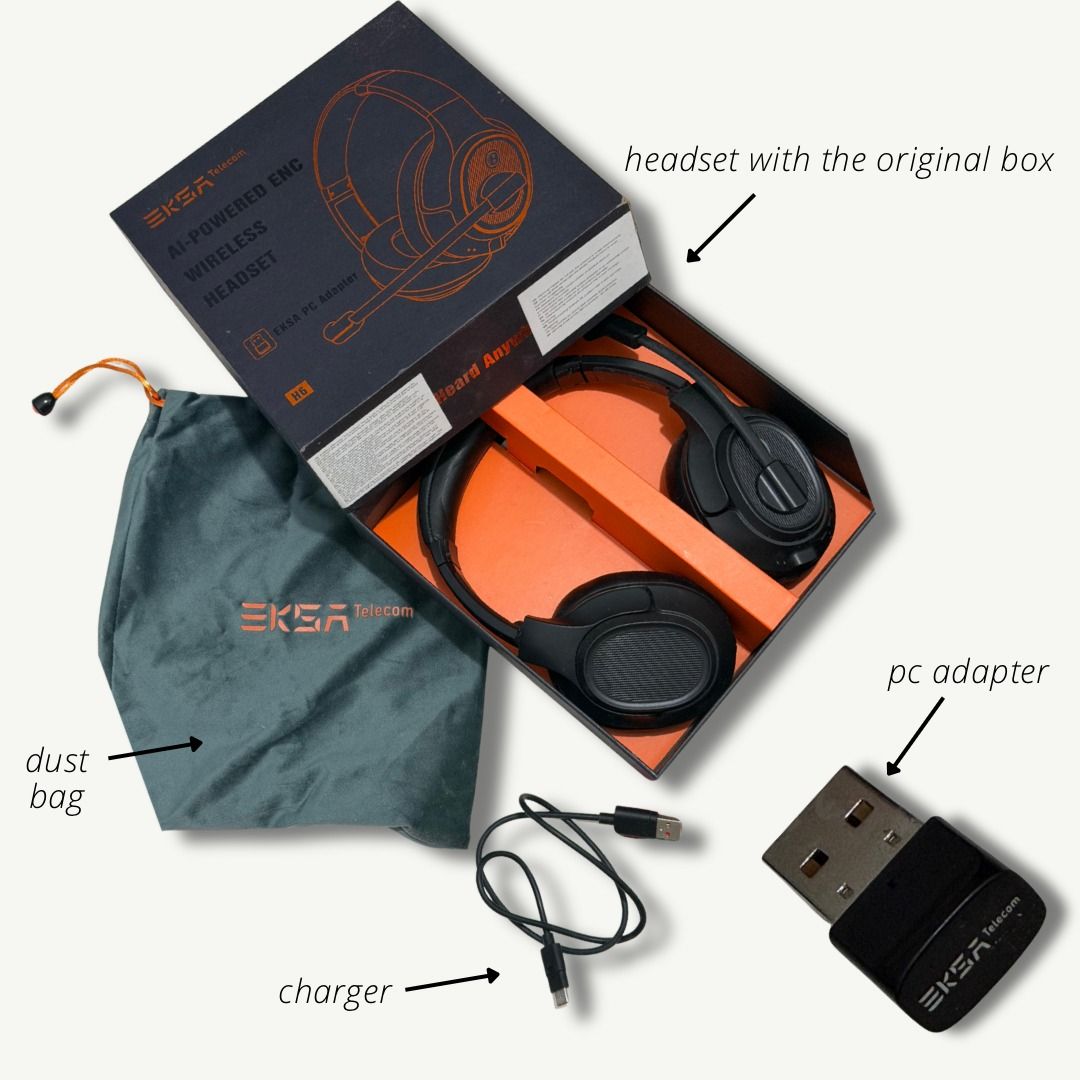 EKSA - Wireless Headset (Category: Headphones & Headsets) located in Caloocan City. Submitted by shne_va07 (Listing ID 1462631243, Image 2). Description: Decluttering my setup! Selling my EKSA wireless headset since I rarely use it for work anymore—no point in letting a perfectly working headset just sit on my desk. It is in excellent condition, well-maintained, and perfectly working. Quick Specs & Condition: • Condition: 9/10 (Good as new, barel