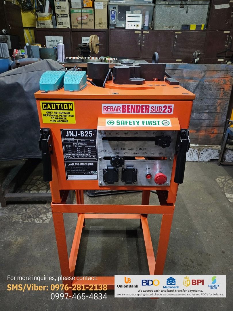 Electric Bar Bender 25 (Category: Construction Tools & Equipment) located in San Pedro. Submitted by jadeandjass_trading (Listing ID 1462541002, Image 1). Description: Electric Bar Bender 25mm Model: JNJ-B25 Capacity: 10mm up to 22mm (Max is 25mm) -- recommended for stirrups of 10&12mm rebars -- Specs: Single Phase, 220v Weight: 75kgs With complete accessories and free machine stand 6 months service warranty For quicker details/orders, contact: 0