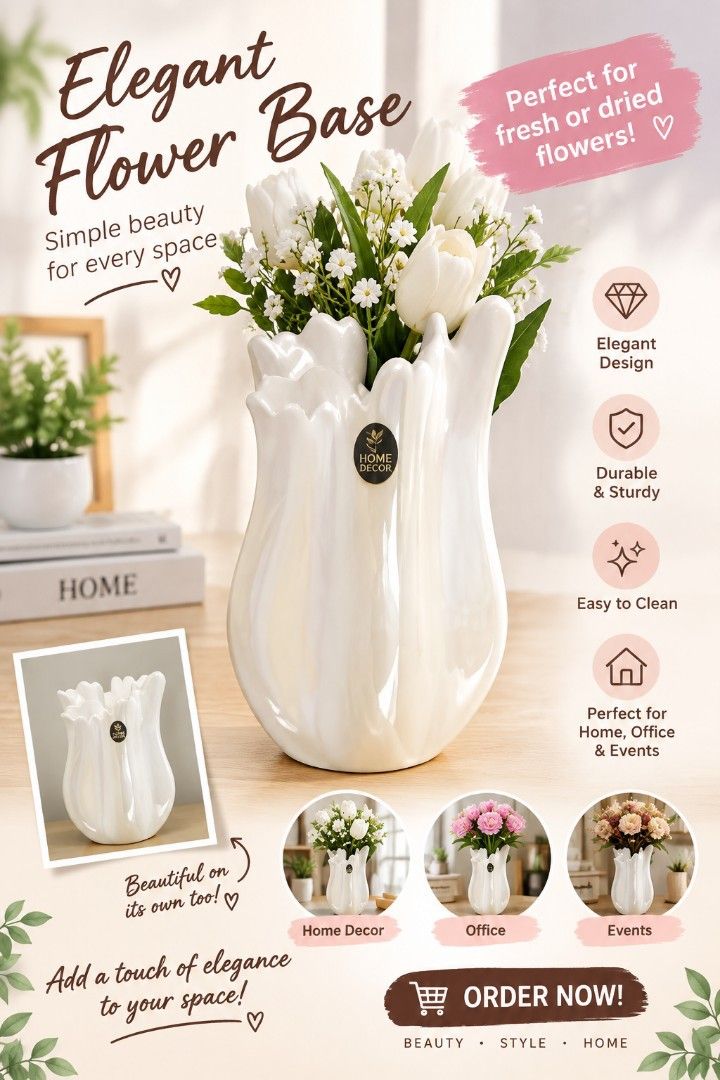 Elegant White Flower Vase - Home Decor (Category: Vases & Decorative Bowls) located in Caloocan City. Submitted by rosetorres (Listing ID 1462445368, Image 1). Description: - Beautiful white flower vase - Simple and clean design - Ideal for fresh or dried flowers - Durable and easy to clean - Looks great on its own - Perfect for home, office, or events.