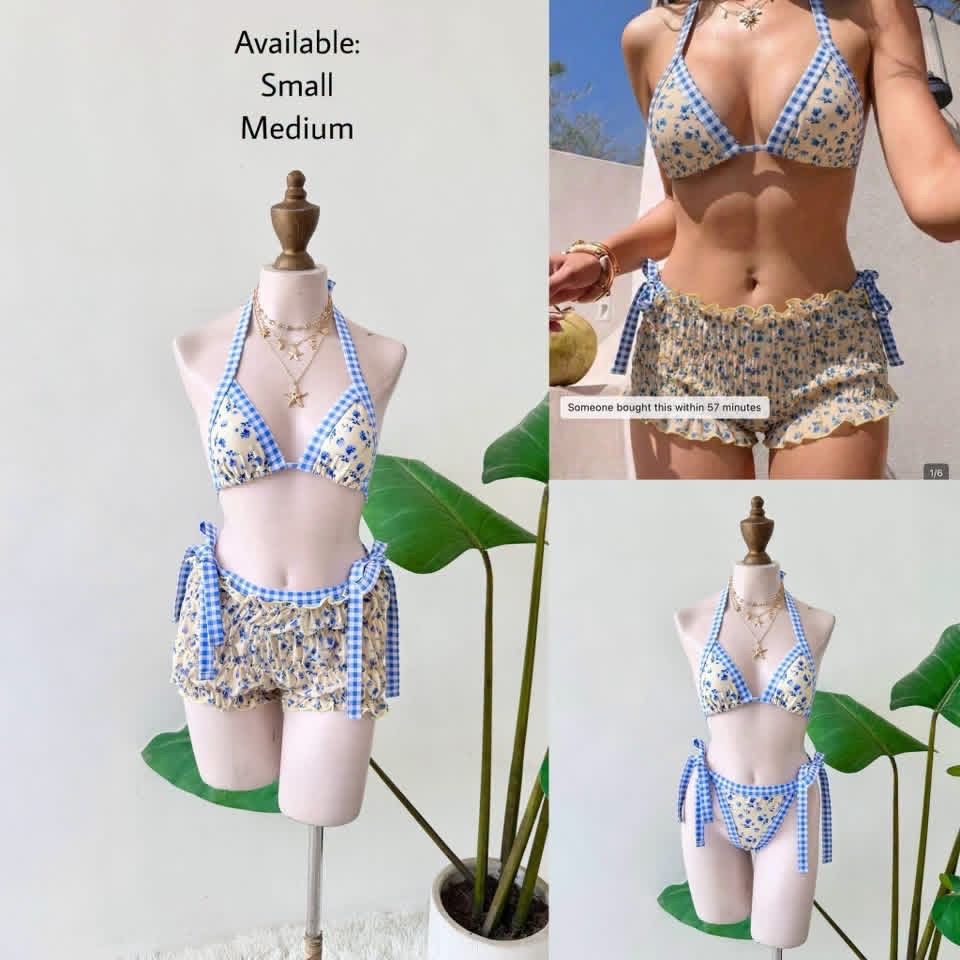 Floral & Gingham Bikini Set (Category: Bikinis & Swimsuits) located in Daraga. Submitted by hannah.clo (Listing ID 1462635269, Image 1). Description: - Adorable floral print bikini - Blue gingham trim - Halter neck top with adjustable ties - Matching ruffled shorts with side ties - Available sizes: Small (S), Medium (M) - Ideal for beach trips and pool days.
