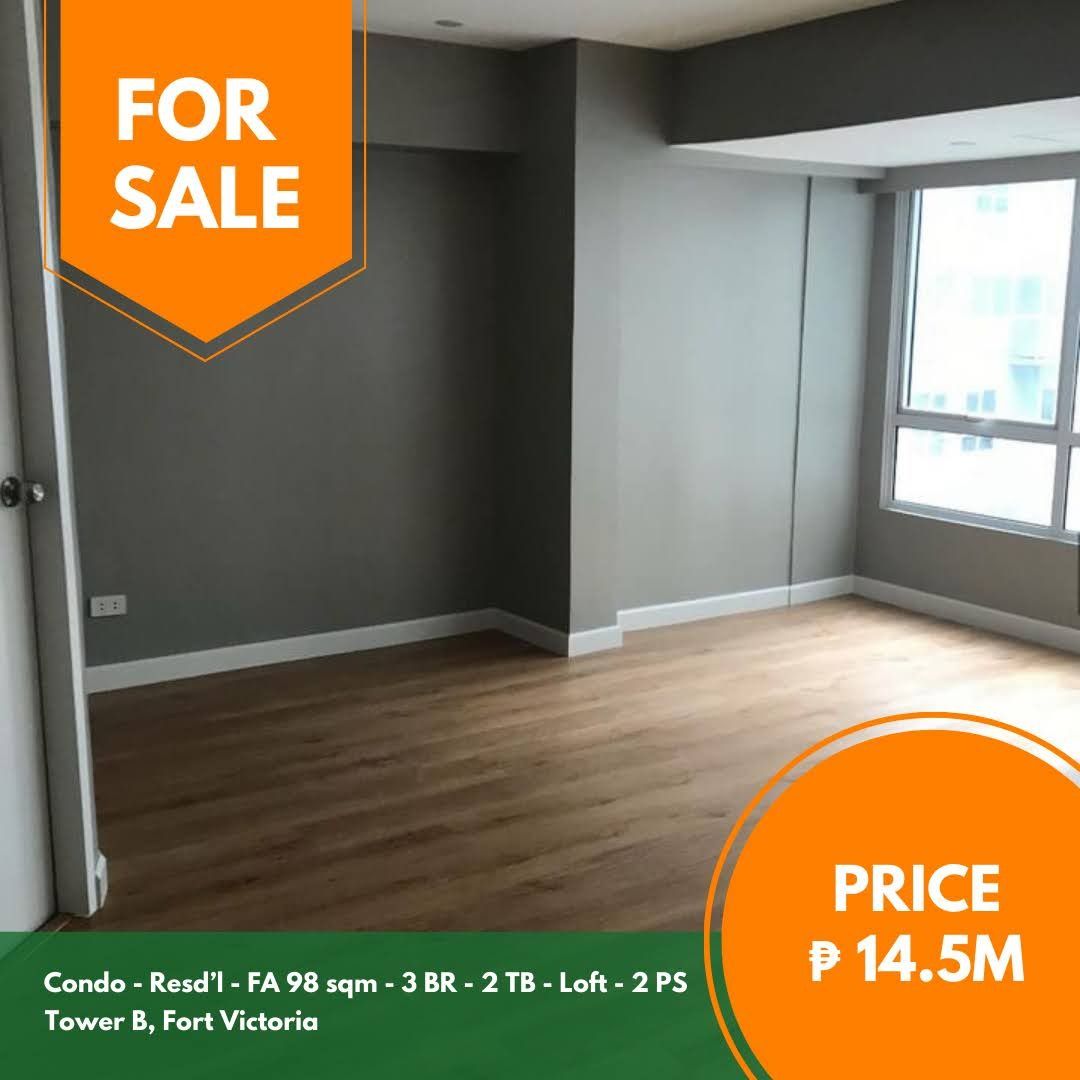Fort Victoria 3 BR unit (Category: Apartments & Condos) located in Quezon City. Submitted by jmpgutierrez (Listing ID 1462460722, Image 1). Description: For sale: Fort Victoria 3 BR unit Tower B, Fort Victoria, Bonifacio Global City, Taguig City Floor area: 98 sqm Condominium unit Residential 3 BR 2 T&B 21st floor Combined unit Loft Unfurnished 2 parking slots Direct to seller Asking price: PHP 14,500,000 https://www.pgr.com.ph/residential-1/2024