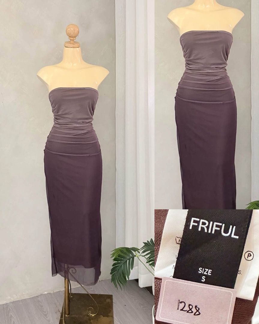 FRIFUL Strapless Ruched Mesh Maxi Dress Size S (Category: Dresses) located in Daraga. Submitted by hannah.clo (Listing ID 1462634898, Image 1). Description: - FRIFUL strapless maxi dress - Color: Deep mauve/plum - Features: Ruched bodice, sheer mesh skirt - Size: S - Ideal for: Night out, special occasions.