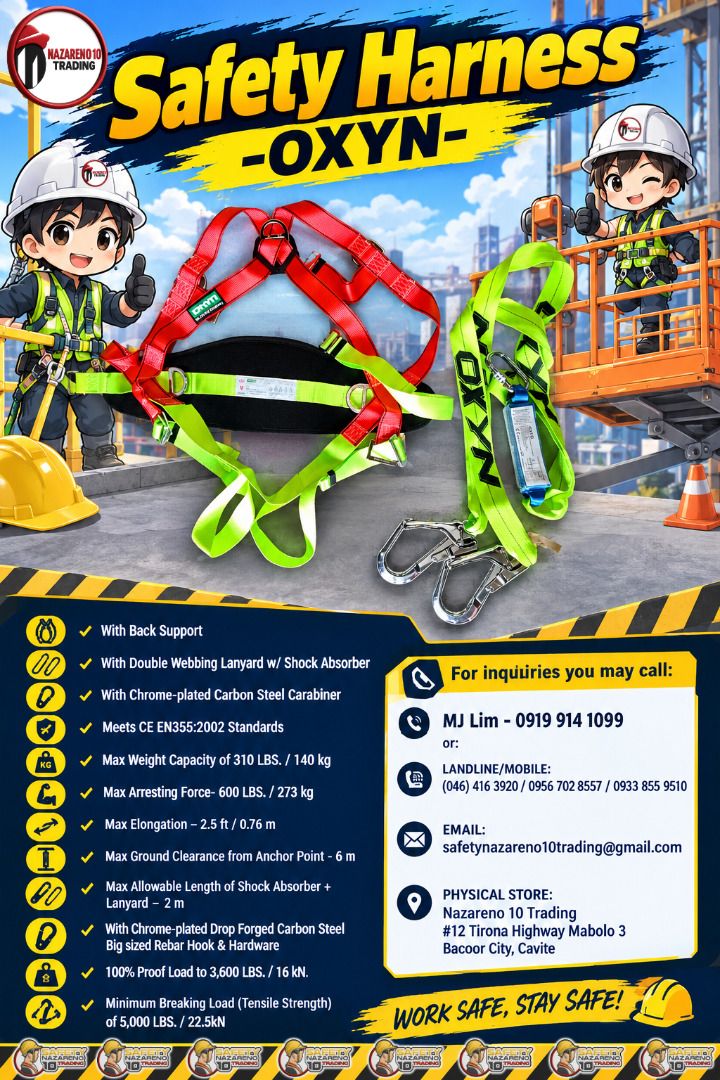 FUll Body Harness with back Support and Shock absorber (Category: Looking For) located in Bacoor. Submitted by zealmountain-375a (Listing ID 1462516615, Image 1). Description: With Back Support With Double Webbing Lanyard w/ Shock Absorber With Chrome-plated Carbon Steel Carabiner Meets CE EN355:2002 Standards Max Weight Capacity of 310 LBS. / 140 kg Max Arresting Force- 600 LBS. / 273 kg Max Elongation – 2.5 ft / 0.76 m Max Ground Clearance from