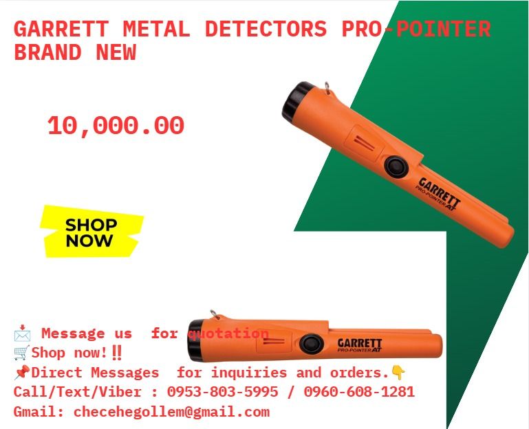 Garrett Metal Detectors Pro-Pointer brand new (Category: Everything Else Others) located in Caloocan City. Submitted by acergollem65014 (Listing ID 1462475838, Image 1). Description: ●Product Number: 1140900 ●Operating Temperatures: -35°F (-37°C) to 158°F (70°C) ●Operating Frequency: 11.5 kHz ●Waterproof Rating: 10 foot (3 meter) maximum depth; IP 68 ●Tuning: Automatic or manual re tune ●Indicators: Proportional audio/vibration pulse rate ●Contro