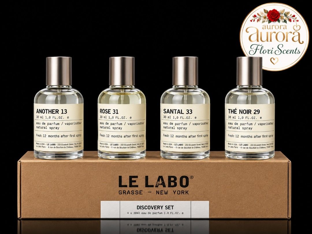 Gift Set: Le Labo Discovery Set (Category: Fragrance & Deodorants) located in Manila. Submitted by rjeym0321 (Listing ID 1462675017, Image 1). Description: Le Labo Discovery Set 🔻 Includes 4 x 30ml Eau de Parfum bottles 🔻 Scents: Another 13, Rose 31, Santal 33, Thé Noir 29 🔻 Each bottle is 1.0 FL.OZ. and a natural spray 🔻 deal for experiencing popular Le Labo fragrances Discount for orders of 6 boxes.