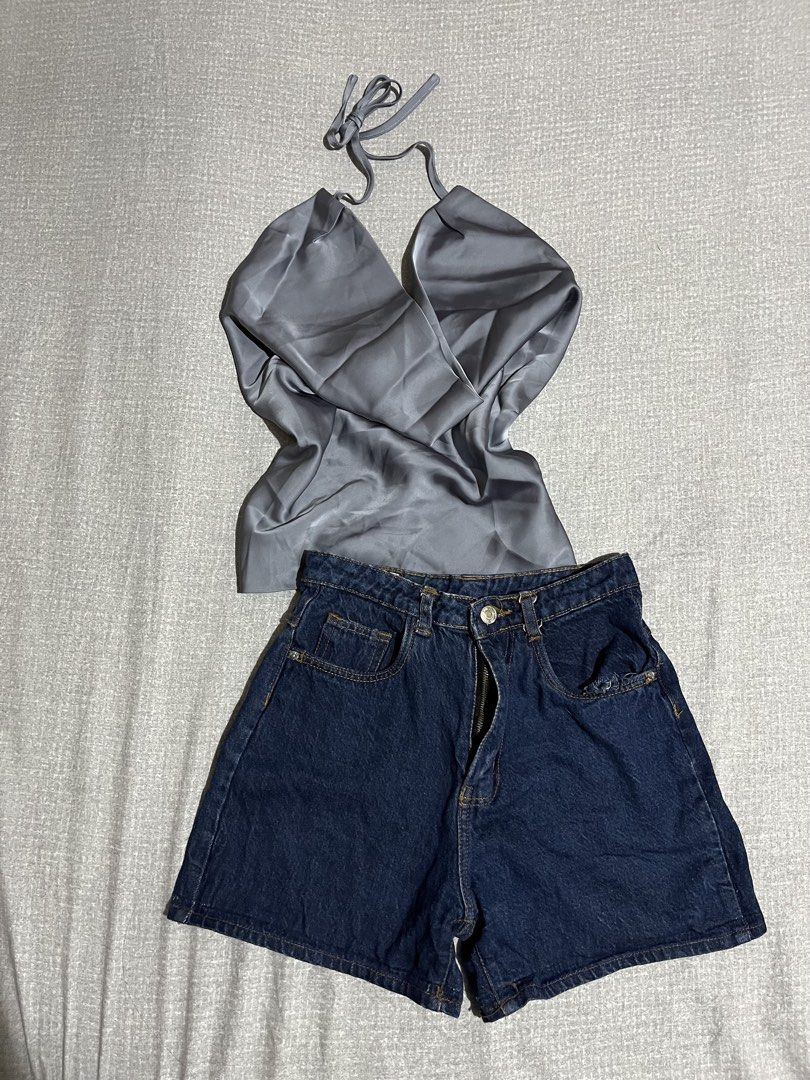 Grey Satin Halter Top (Category: Sets or Coordinates) located in Manila. Submitted by az0r_ (Listing ID 1462503498, Image 1). Description: - Grey satin halter top with neck tie - Dark wash denim shorts with zip fly - Slightly distressed pocket detail on shorts - Versatile for casual day or night out - Pieces can be mixed and matched with other outfits size: xl.