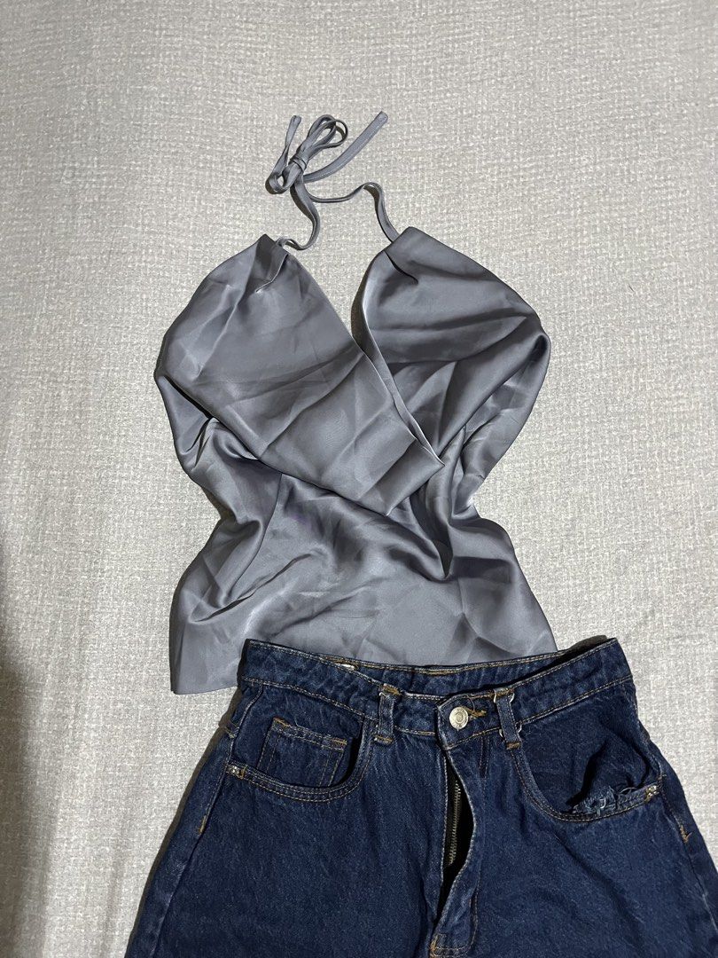 Grey Satin Halter Top (Category: Sets or Coordinates) located in Manila. Submitted by az0r_ (Listing ID 1462503498, Image 2). Description: - Grey satin halter top with neck tie - Dark wash denim shorts with zip fly - Slightly distressed pocket detail on shorts - Versatile for casual day or night out - Pieces can be mixed and matched with other outfits size: xl.