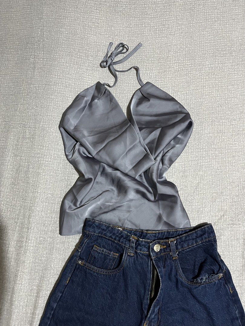 Grey Satin Halter Top (Category: Sets or Coordinates) located in Manila. Submitted by az0r_ (Listing ID 1462503498, Image 3). Description: - Grey satin halter top with neck tie - Dark wash denim shorts with zip fly - Slightly distressed pocket detail on shorts - Versatile for casual day or night out - Pieces can be mixed and matched with other outfits size: xl.