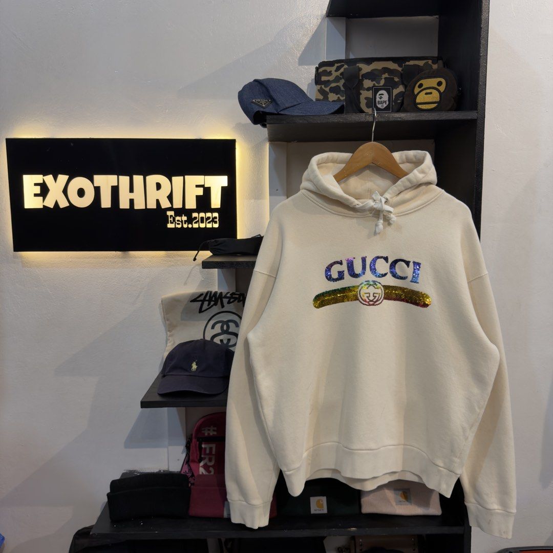 Gucci Sequin Cream Hoodie (Category: Hoodies) located in Manila. Submitted by jerichomal82553 (Listing ID 1462647724, Image 1). Description: Gucci Sequin Cream Hoodie 25 by 25 Good Condition Complete Tags Need Wash CLAIM 2K.