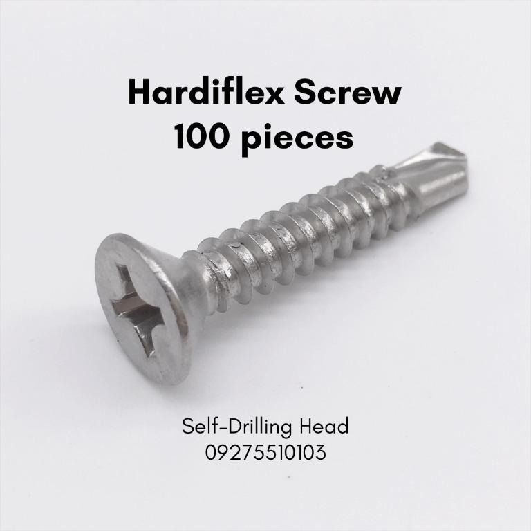 Hardiflex Self-Drilling Screws - 100 Pieces (Category: Craft Supplies & Tools) located in Quezon City. Submitted by ultrapetronne (Listing ID 1462444240, Image 1). Description: Screw Type: Hardiflex Screw Head Type: Self-Drilling Head Colour: Silver Material: Zinc 7 x 3/4 - P35 7 x 1 - P45 7 x 1 1/4 - P55 7 x 1 1/2 - P60.