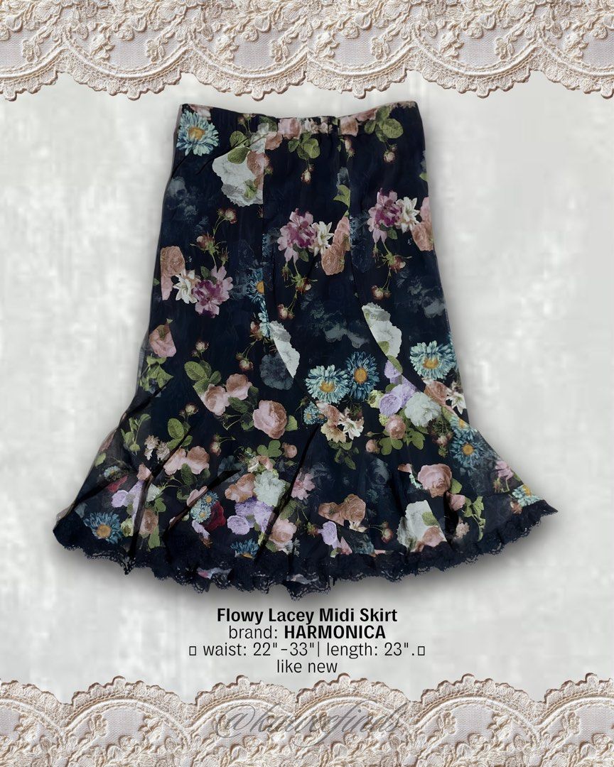 HARMONICA Flowy Lacey Floral Midi Skirt (Category: Skirts) located in Paranaque City. Submitted by kuweefindsmnl (Listing ID 1462604310, Image 1). Description: - Black midi skirt with a beautiful floral print - Flowy silhouette - Lace trim at the hem - Built-in lining for opacity - Waist: 22" - 33" - Length: 23" - Perfect for dressing up or down.
