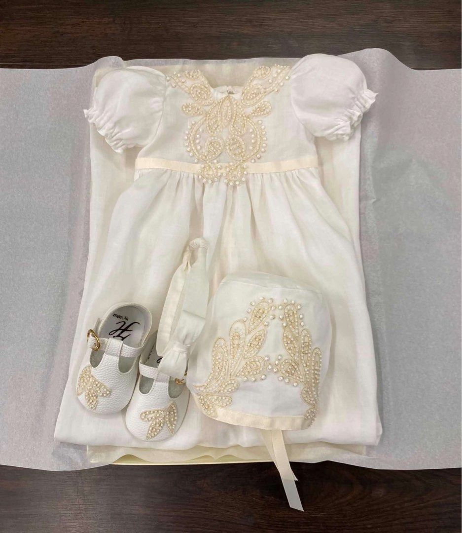 Heirloom by Veluz (Category: Babies & Kids Fashion) located in Bulacan. Submitted by mommy.k78 (Listing ID 1462671064, Image 1). Description: 👧🏻 Baby Girl (JULIA long gown in RAMIE LINEN) • Size: 6–9 months • Shoe: Size 2 (free headband and hat) • ₱6,000 only Please see the photos for the actual size measurements/reference. Preloved but well-kept and only used for their baptism. 🤍 📍 Meet-up: Santa Maria, Bulacan 📦 Shipping: J&T.