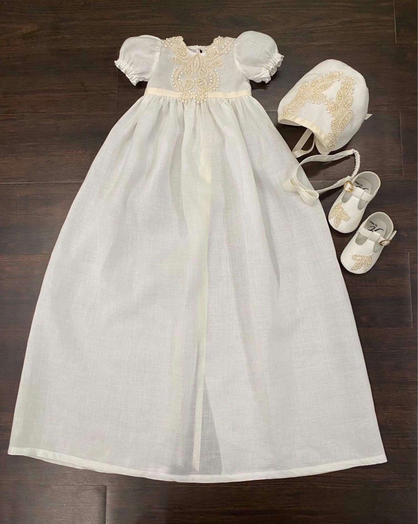 Heirloom by Veluz (Category: Babies & Kids Fashion) located in Bulacan. Submitted by mommy.k78 (Listing ID 1462671064, Image 2). Description: 👧🏻 Baby Girl (JULIA long gown in RAMIE LINEN) • Size: 6–9 months • Shoe: Size 2 (free headband and hat) • ₱6,000 only Please see the photos for the actual size measurements/reference. Preloved but well-kept and only used for their baptism. 🤍 📍 Meet-up: Santa Maria, Bulacan 📦 Shipping: J&T.
