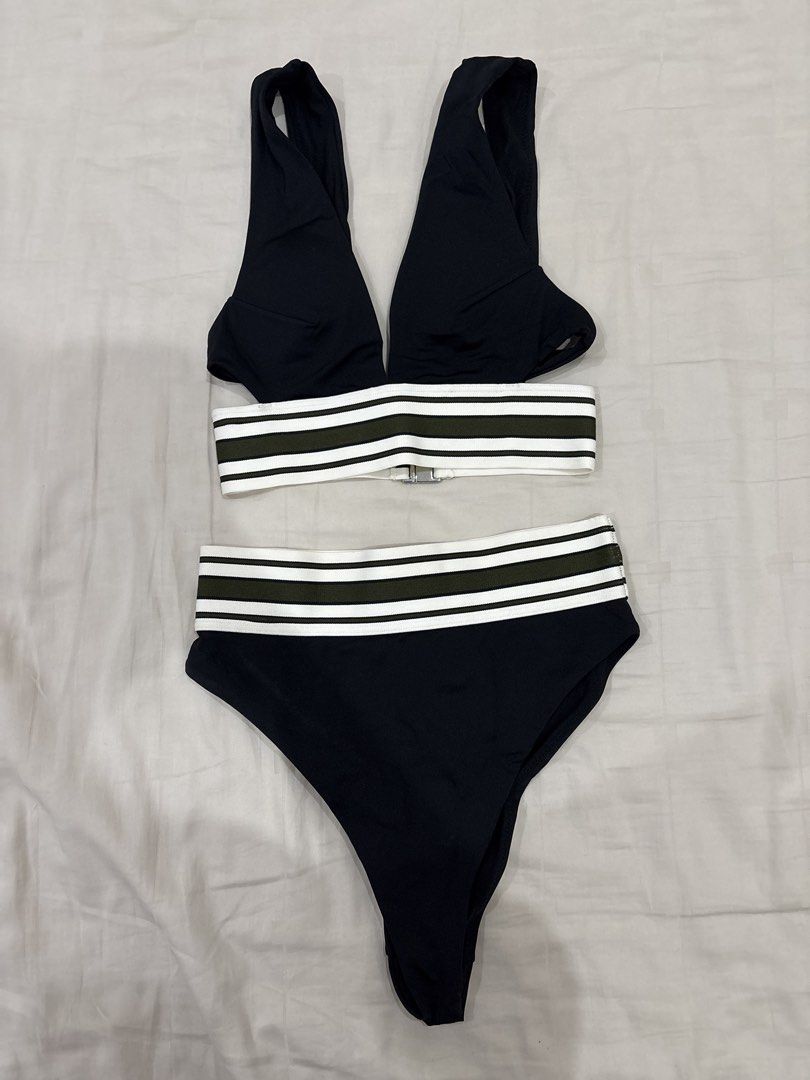 H&M Black Bikini Set with Striped Band (Category: Bikinis & Swimsuits) located in Paranaque City. Submitted by kaescloset.18 (Listing ID 1462597599, Image 1). Description: - used once - Style: High-waisted bottom.