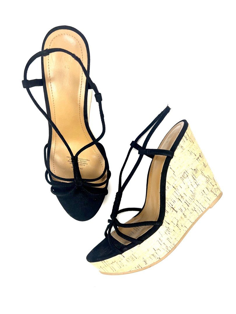 H&M Black Wedge Heel Sandals (Category: Heels) located in Angeles City. Submitted by fruits.ph (Listing ID 1462496245, Image 1). Description: Measurements: Tagged Size: EU 40 (US 8.5) Foot fit: Narrow/Slim to Regular Fit Recommended Fit: US 8.5 Heel: 5” Brand: H&M Material: Suede Condition: 9/10 Flaws: None Additional Details: Not thrifted / Almost brand new condition/ Never worn ***Color may vary due to lighting*** Note: Surface cleaned and disi