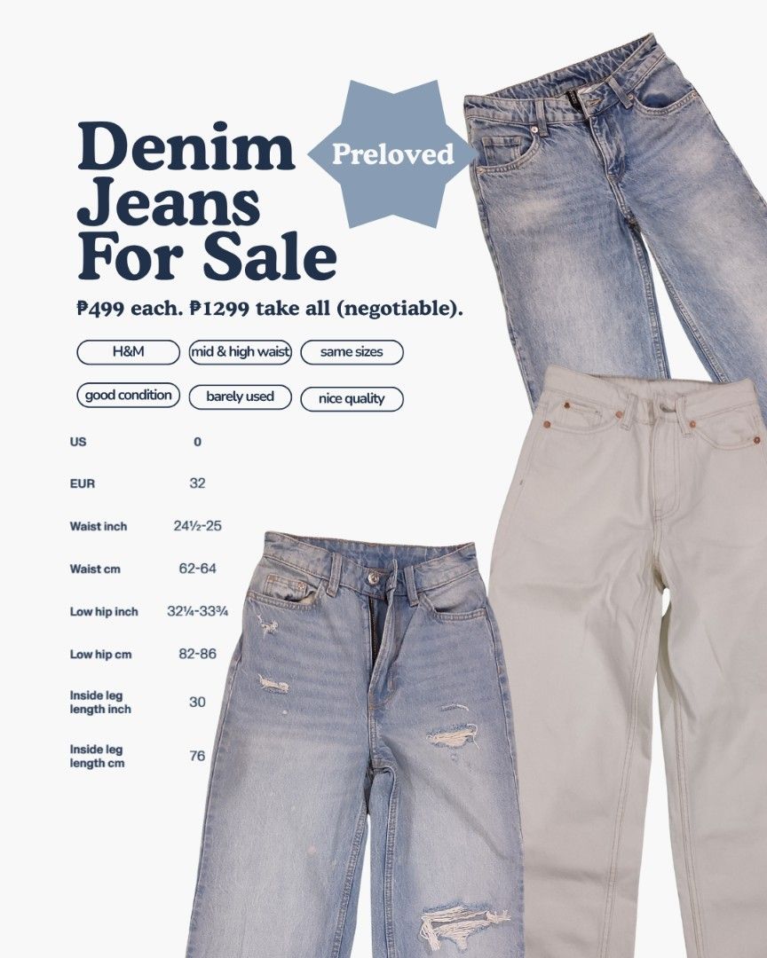 H&M Denim Jeans (Mid-rise) (Category: Jeans) located in Calamba. Submitted by cerylle_ (Listing ID 1462542041, Image 2). Description: More info on 2nd pic <3 Feel free to message me for your inquiries :).