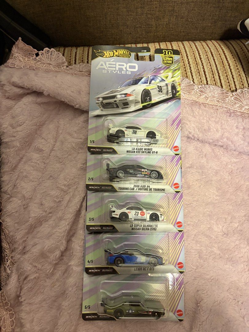 Hot Wheels Aero Styles 5-Car Set (Category: Vehicle & Diecast Models) located in Manila. Submitted by truewind.014552 (Listing ID 1462635342, Image 1). Description: - Complete Hot Wheels Aero Styles 5-car set - Includes: - LB-Works Nissan R32 Skyline GT-R, - 2008 Audi RS 4 Touring Car, - LB Super Silhouette Nissan Silvia (S15), - Lexus RC F GT3, - and '70 Chevy Nova BELOW SRP Can do meetups around taft ( la salle), binondo. MOP: gcash, bank trans