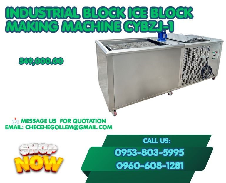 Industrial Block Ice Block Making Machine CYBZJ-1 (Category: Construction Tools & Equipment) located in Caloocan City. Submitted by mightywater-74d1 (Listing ID 1462492775, Image 1). Description: • Model CYBZJ-1 • Capacity (PER DAY) 1000KG • Voltage - 220V 50HZ • Power - 6KW • Compressor - 松下 6HP • Refrigerant - R22/R410 • Mold size and weight - 262*77*620MM / 10KG • Mold Qty 18 pcs • Freezing Time 4 hours per batch • Net weight - 386KG • Machine
