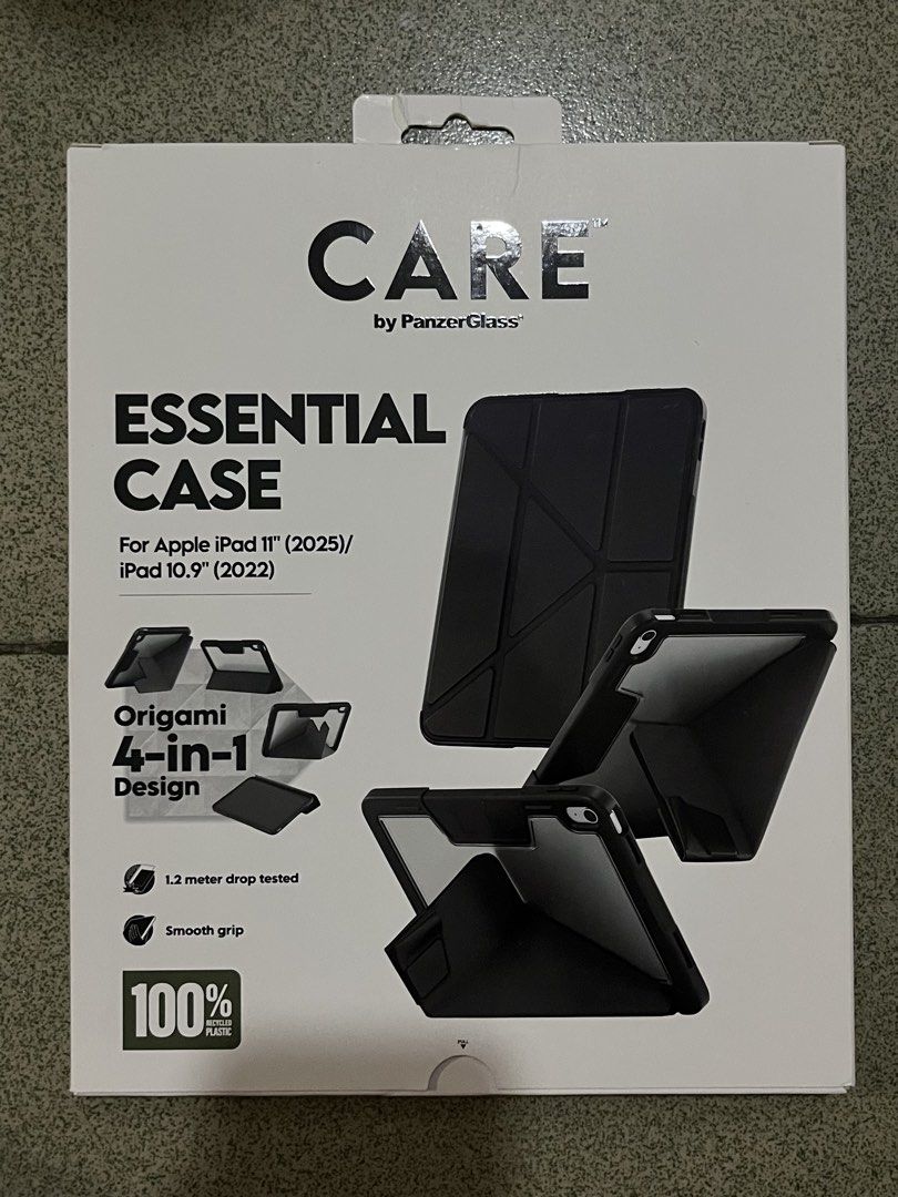 IPAD CASE (iPad 11 iPad 10.9) (Category: Cases & Sleeves) located in Bulacan. Submitted by lovedbycalli (Listing ID 1462625465, Image 1). Description: - Brand: CARE by PanzerGlass - Model: Essential Case - Compatible with: iPad 11 (2025) / iPad 10.9 (2022) - Color: Black - Design: Origami 4-in-1 (Portrait, Landscape, Video, Typing modes) - Features: 1.2 meter drop tested, Smooth grip, Automatic Sleep/Wake function - Material: Made with 100% recyc