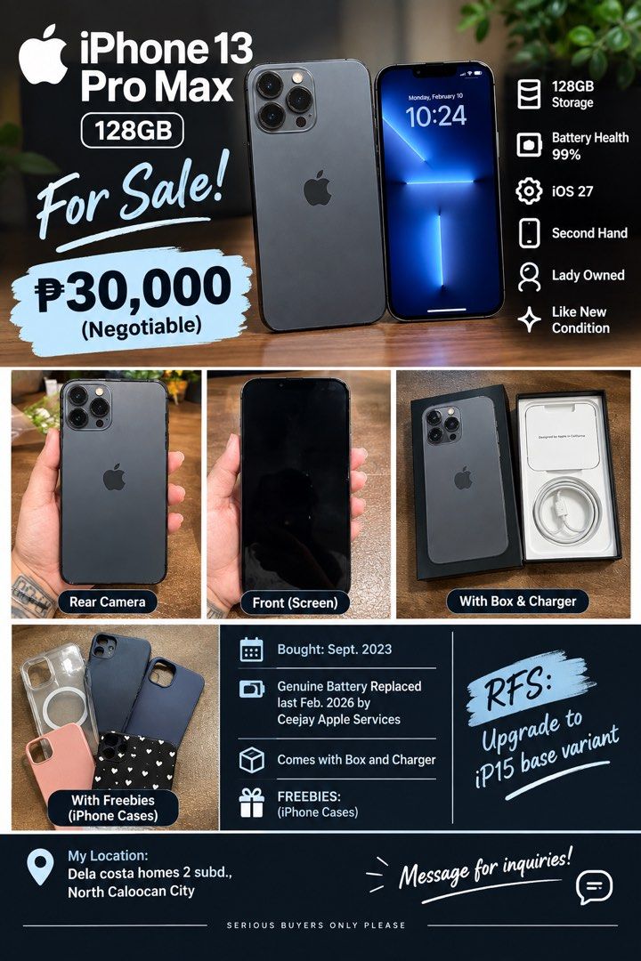 Iphone 13 promax 128gb (Category: iPhone 11 Series) located in Quezon City. Submitted by jmelizon4391 (Listing ID 1461496410, Image 3). Description: Selling> iphone 13 promax 128gb Price: P30k (Negotiable) Bought: Sept. 2023 -bh% : 99% -ios 27 -second hand -lady owned -like new -genuine battery replaced last Feb. 2026 by ceejay apple services -with box and charger -with freebies (iphone cases) RFS: upgrade to ip15 base variant My location: Dela c