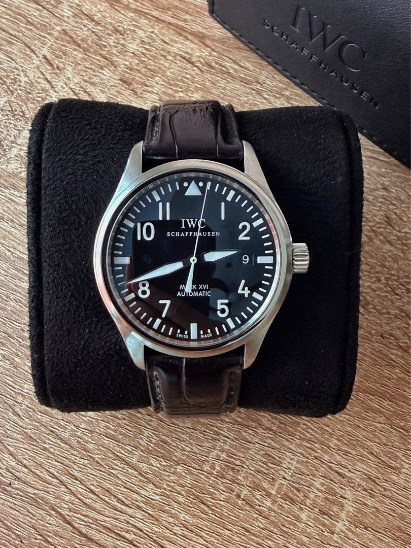 IWC Pilot’s Watch Mark XVI Black Dial (Category: Men's Watches) located in Pasig City. Submitted by migspaggabao (Listing ID 1462563789, Image 3). Description: IWC Pilot’s Watch Mark XVI Black Dial Ref. No. IW325501 Calibre 30110 42 hrs power reserve 39 mm case 9.5/10 condition. Mint! Selling below current model SRP USD 5,900 (PHP 370k)! Inclusions: watch only with leather strap (aftermarket) and IWC buckle..