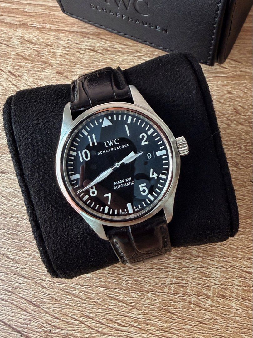 IWC Pilot’s Watch Mark XVI Black Dial (Category: Men's Watches) located in Pasig City. Submitted by migspaggabao (Listing ID 1462563789, Image 2). Description: IWC Pilot’s Watch Mark XVI Black Dial Ref. No. IW325501 Calibre 30110 42 hrs power reserve 39 mm case 9.5/10 condition. Mint! Selling below current model SRP USD 5,900 (PHP 370k)! Inclusions: watch only with leather strap (aftermarket) and IWC buckle..