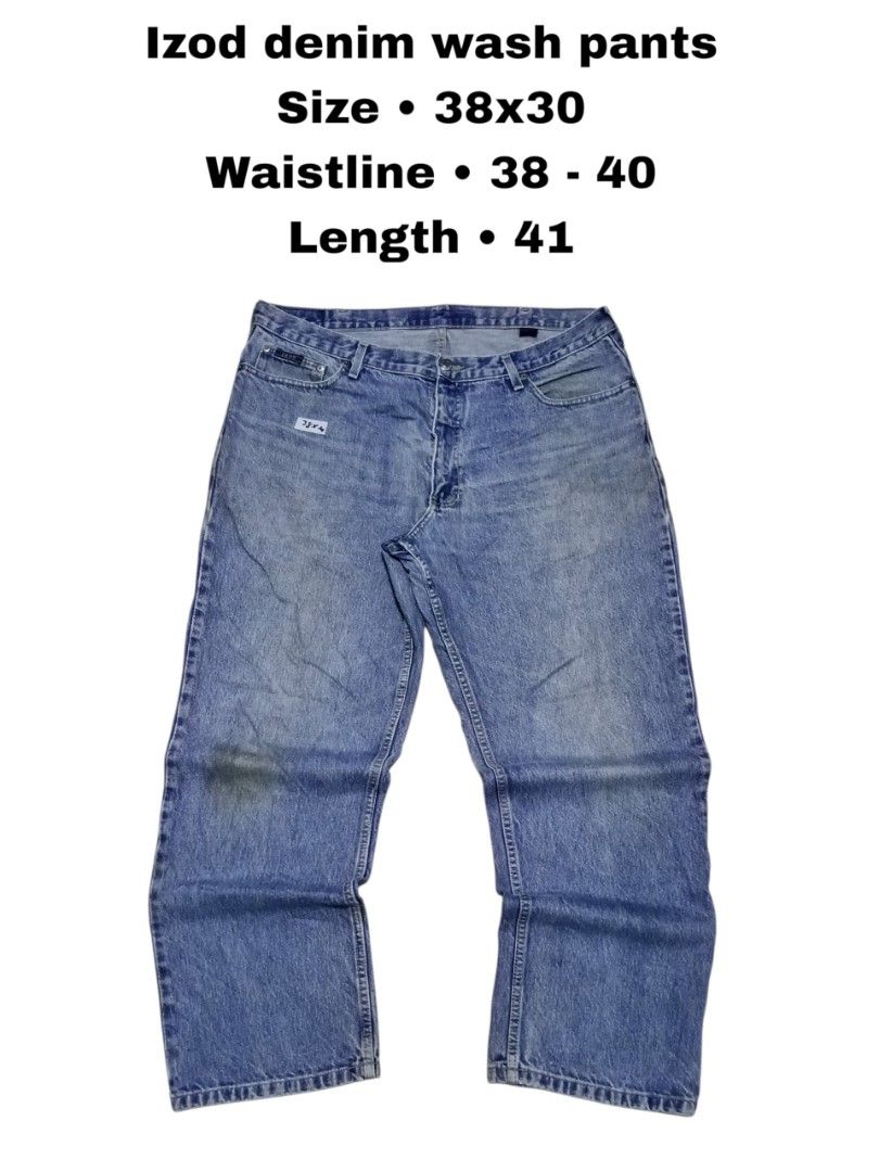 Izod Denim Wash Pants 38x30 (Category: Jeans) located in Magdalena. Submitted by magdalenathrift20 (Listing ID 1462566563, Image 1). Description: - Izod Denim Wash Pants - Size: 38x30 (Waist fits 38-40 inches) - Length: 41 inches - Material: 100% Cotton - Origin: Made in Mexico - Condition: Has a dark stain on the left leg. Please check photos for details..