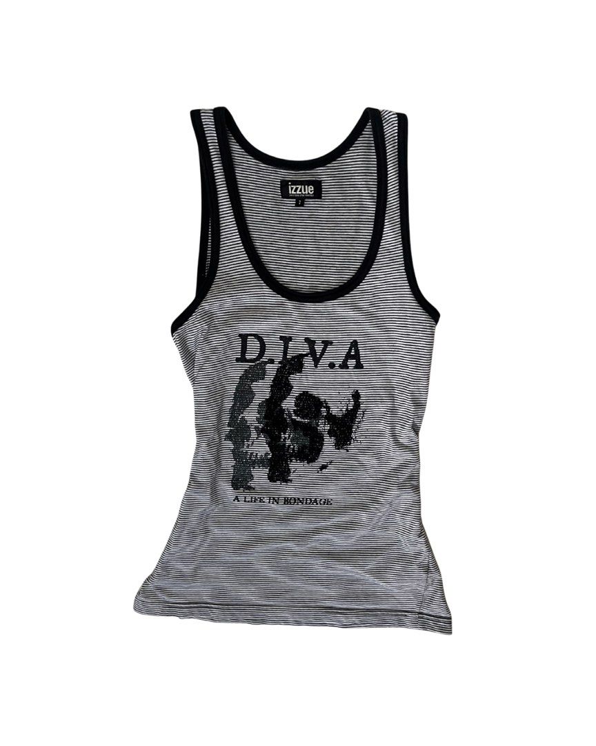 IZZUe Striped Tank Top D.I.V.A Graphic (Category: Sleeveless) located in Marikina City. Submitted by dowsie.shop4divas (Listing ID 1462556576, Image 1). Description: - Grey and white striped tank top by IZZUE - Black graphic print with 'D.I.V.A' and 'A LIFE IN BONDAGE' text - Ribbed neckline and armholes - Made of 100% cotton - Ideal for casual outfits.