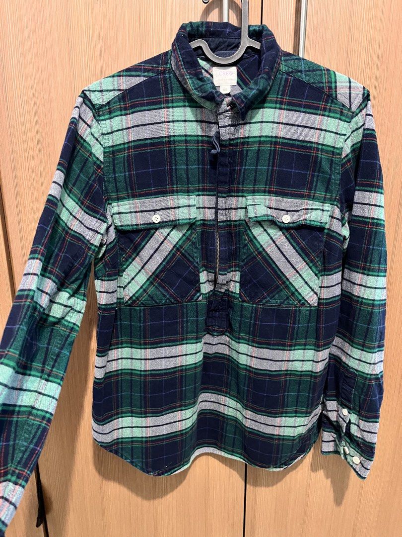 J. Crew Plaid Flannel Half-Zip Shirt Jacket (Category: Tshirts & Polo Shirts ) located in Quezon City. Submitted by vwfndrskprs (Listing ID 1462520345, Image 2). Description: JCREW plaid half-zip flannel shirt jacket Size XS on tag (fits XS-S men; S-M women) 19” width / 38” chest 27” length Color: Navy, Green, and Grey plaid Material: 100% cotton; soft flannel feel, ideal for cooler weather Features: Half-zip neckline, two chest pockets with butt
