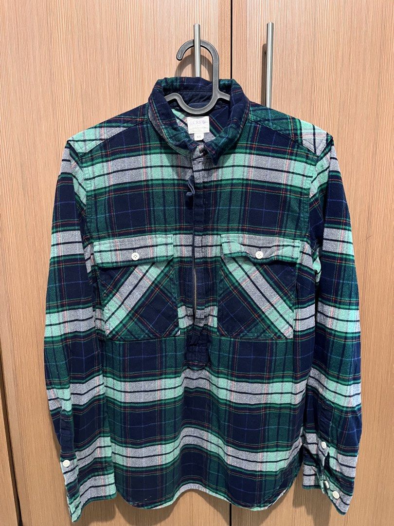 J. Crew Plaid Flannel Half-Zip Shirt Jacket (Category: Tshirts & Polo Shirts ) located in Quezon City. Submitted by vwfndrskprs (Listing ID 1462520345, Image 1). Description: JCREW plaid half-zip flannel shirt jacket Size XS on tag (fits XS-S men; S-M women) 19” width / 38” chest 27” length Color: Navy, Green, and Grey plaid Material: 100% cotton; soft flannel feel, ideal for cooler weather Features: Half-zip neckline, two chest pockets with butt