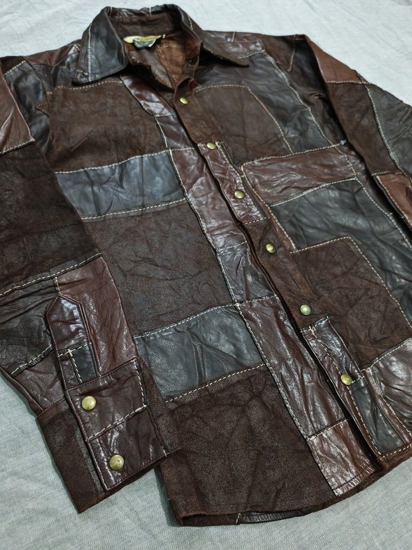 john cherpas patchwork leather shirt (Category: Tshirts & Polo Shirts ) located in Baguio. Submitted by used_clothing2600 (Listing ID 1462610748, Image 3). Description: john cherpas patchwork leather shirt size small verygood condition pit to pit 18 length 27.5 shoulders 16 sleeve length 23 P 1,480.