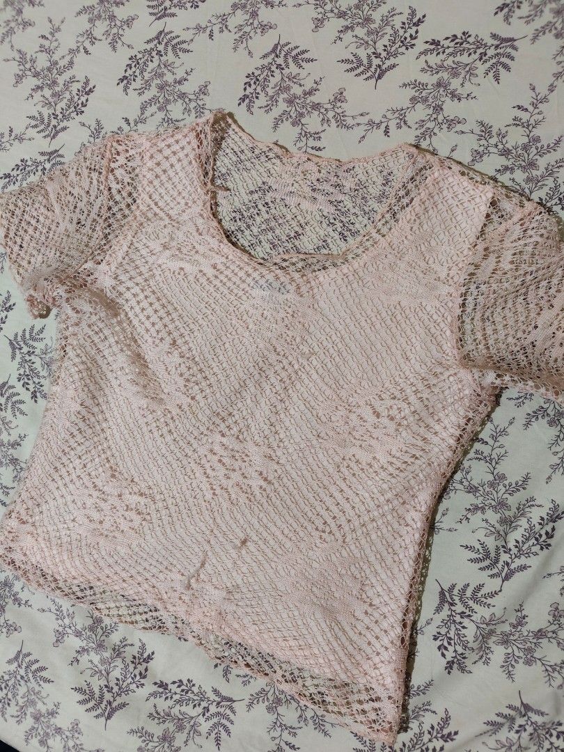 June Collections vintage delicate light pink open-work mesh pattern silk satin top (Category: Blouses) located in Bulacan. Submitted by angel.decluttersx (Listing ID 1462609262, Image 2). Description: s-m ww provided silk satin fabric material yung inner.