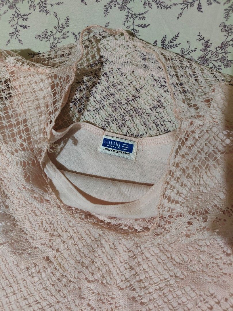 June Collections vintage delicate light pink open-work mesh pattern silk satin top (Category: Blouses) located in Bulacan. Submitted by angel.decluttersx (Listing ID 1462609262, Image 3). Description: s-m ww provided silk satin fabric material yung inner.