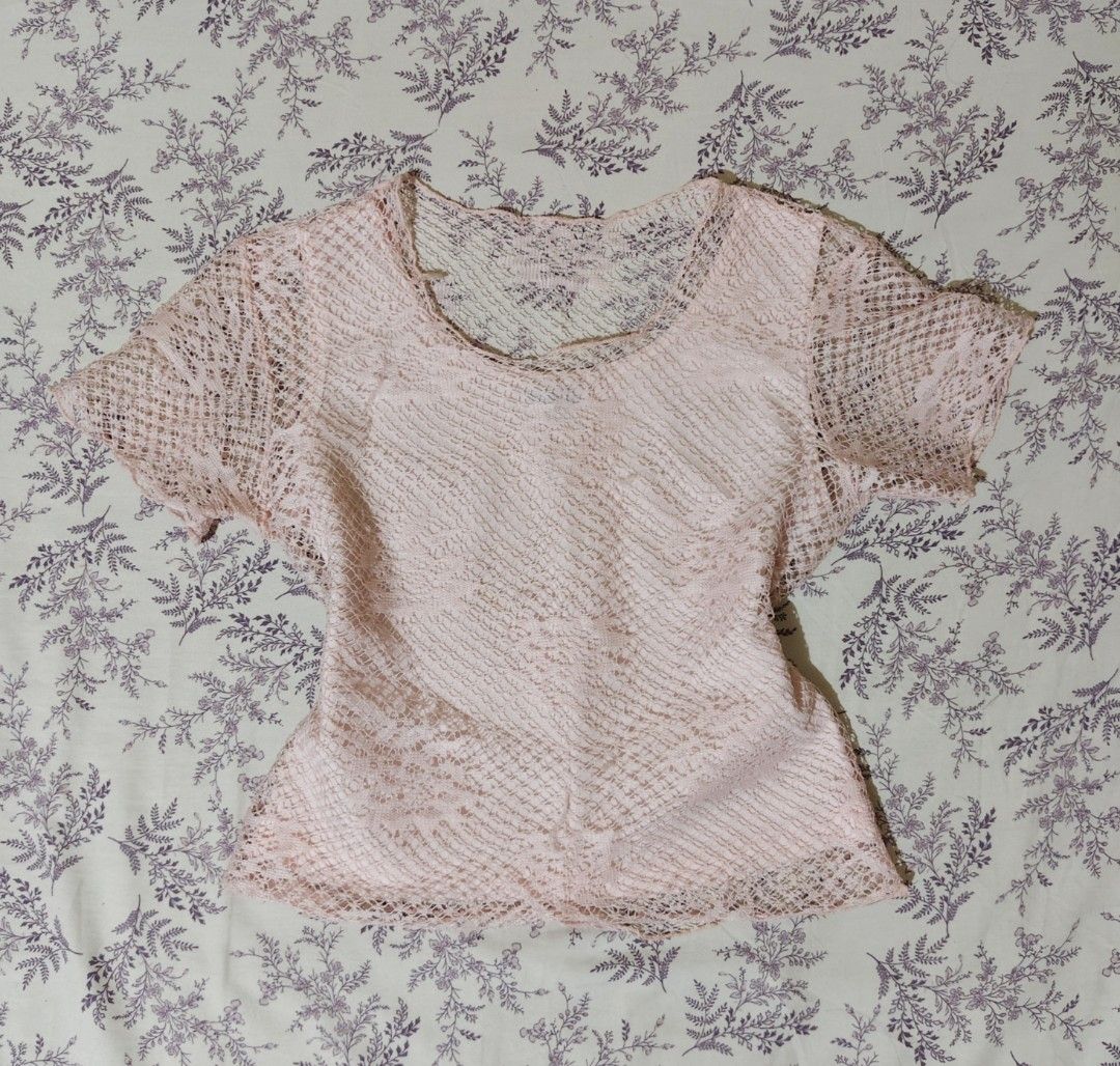 June Collections vintage delicate light pink open-work mesh pattern silk satin top (Category: Blouses) located in Bulacan. Submitted by angel.decluttersx (Listing ID 1462609262, Image 1). Description: s-m ww provided silk satin fabric material yung inner.