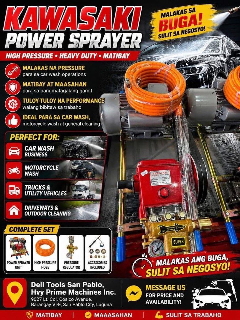 KAWASAKI POWER SPRAYER (Category: Announcements) located in San Pablo. Submitted by justineange628 (Listing ID 1462446628, Image 1). Description: KAWASAKI POWER SPRAYER MODEL: OS-22AE1-1N PRESSURE: 10-40 KG/CM² OPERATION: 800-1200 RPM CAPACITY: 13-22 L REQUIRED POWER: 1.5-2 KW Price: 6,999 MODE OF PAYMENT: COD | COP GCash | Bank Transfer WE DO SHIPPING VIA LALAMOVE🚘 KINDLY PM/DM ME IF YOU’RE INTERESTED PLUS SHIPPING FEE / DELIVERY FEE WE ARE OPE