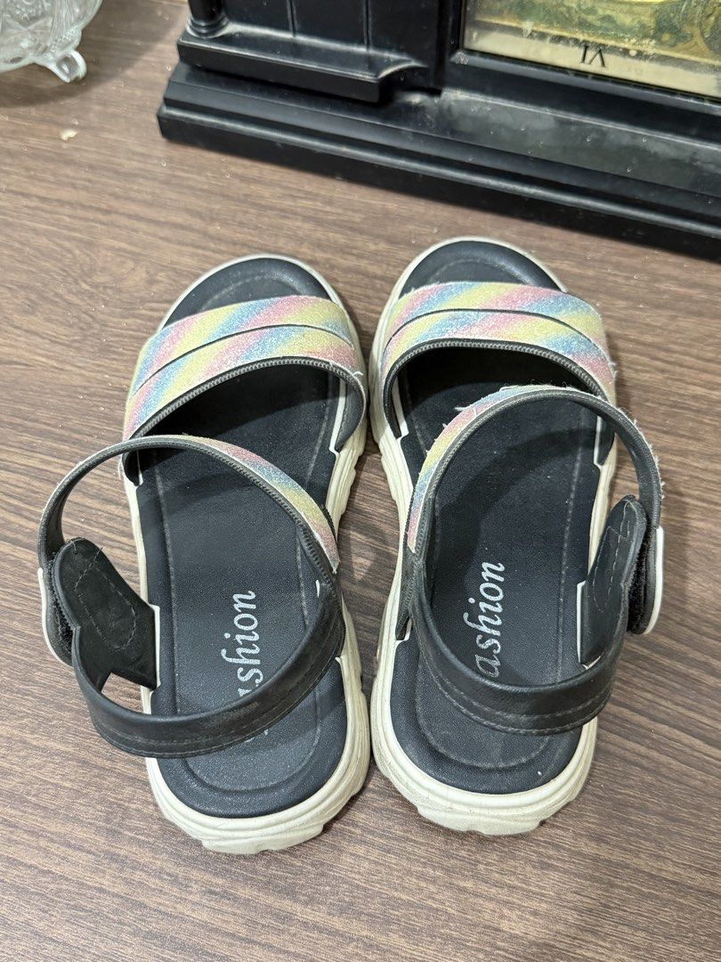 Kids Rainbow Glitter Strap Sandals in 32eu (Category: Babies & Kids Fashion) located in Binan City. Submitted by prelovedlagunaph (Listing ID 1462623509, Image 3). Description: - Adorable kids' sandals - Features sparkling rainbow glitter straps - Comfortable sole for all-day wear - Adjustable velcro closure for a perfect fit - Ideal for daily use or vacation fun.