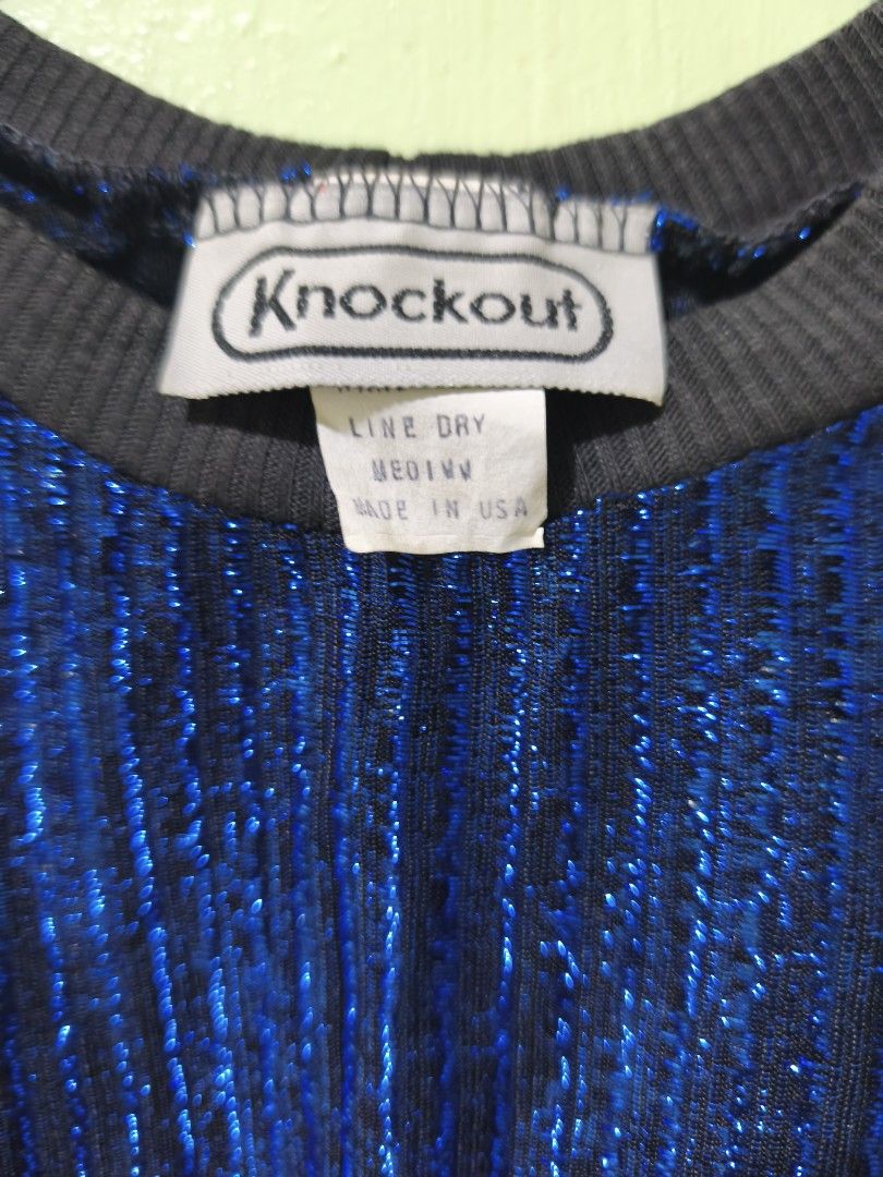 Knockout Blue Sparkly Striped Sweatshirt Medium (Category: Longsleeves) located in Bulacan. Submitted by jvblaguard08460 (Listing ID 1462482274, Image 2). Description: - Brand: Knockout - Color: Cool Blue - Design: All-over shiny striped texture - Features: Ribbed cuffs and neckline - Origin: Made in USA - Size: Medium - Style: Great for nights out or everyday sparkle.