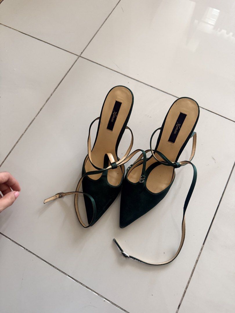 KOLLECTION Green Suede Strappy Heels Size 36 (Category: Heels) located in Caloocan City. Submitted by geemariell56161 (Listing ID 1462441132, Image 1). Description: - Brand: KOLLECTION - Color: Green - Material: Suede - Size: 36 - Features: Delicate ankle tie straps, pointed toe - Style: Dressy, perfect for elevating outfits - Reason for Selling: No longer fits - Condition: Please check photos for details.