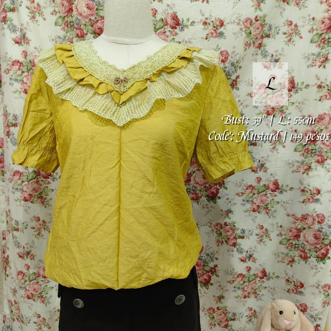 Korean Ruffle Mustard Blouse (Category: Blouses) located in Cabanatuan. Submitted by curated_cozy (Listing ID 1462468885, Image 1). Description: Thrifted! Size: L Bust: 39" Length: 55cm -Lightly Washed -Payment thru Gcash, Gotyme, MariBank -Shipping via J&T -Buyer shoulders Shipping Fee ‼️No Rush Order‼️ [SKU: KNT4-B1 ].
