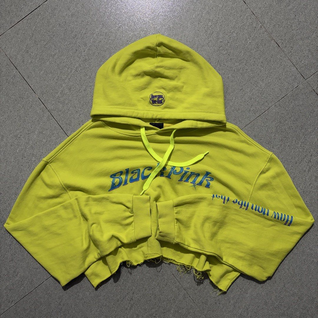 Kpop Hoodie Merch (Category: Longsleeves) located in Talisay. Submitted by re_sell01 (Listing ID 1462619428, Image 1). Description: Blackpink HYLT Cropped Hoodie M-L Frame W26.5 L16 Color Lemon Yellow Distressed Hem Excellent Condition.