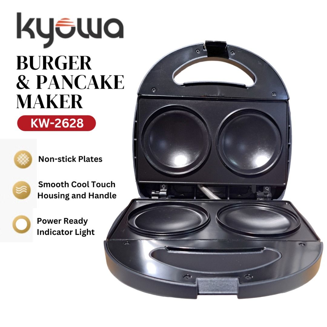 Kyowa KW-2628 Burger & Pancake Maker (Category: Cookware & Accessories) located in Quezon City. Submitted by mo.me (Listing ID 1462496432, Image 1). Description: Guilt-free snack? The Kyowa Burger and Pancake Flying Saucer Maker makes it easy to prepare homemade pancakes. Features & Benefits • Burger and pancake maker • Non-stick Burger and Pancake Plates • Prepares 2 pancake at once • Power ready indicator light • Heat resistant handle • Bakelit