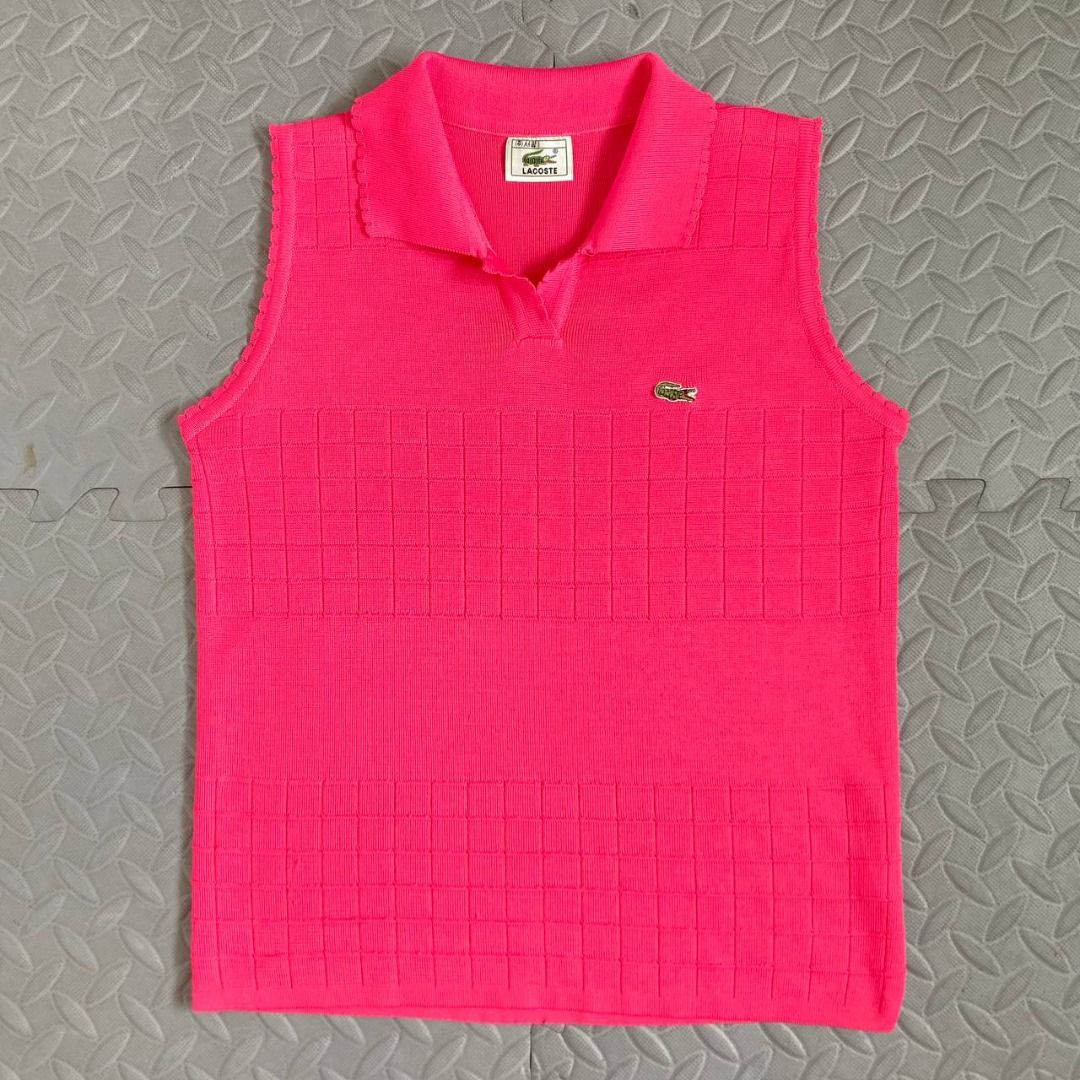 Lacoste – Vintage 90’s Polo Vest (Category: Sleeveless) located in Quezon City. Submitted by archived.g (Listing ID 1462479679, Image 1). Description: Lacoste – Vintage 90’s Polo Vest - Brand: Lacoste Made in: S. Korea Year: 90’s Material: Cotton Color: Pink Size on tag: Erased Sizing: Shoulders: 13” Sleeves: Bust: 17” Hem: 16.5” Length: 22” Color rating: 9/10 Condition overall: 8.5/10 Issues: minimal clothe runs at the bottom, small pinholes .