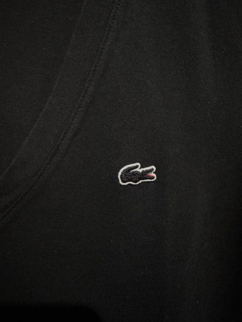 Lacoste black vneck tshirt (Category: Shirts) located in Valenzuela. Submitted by shop.spark.joy (Listing ID 1462671728, Image 2). Description: L- 24 in W- 16.5 in.