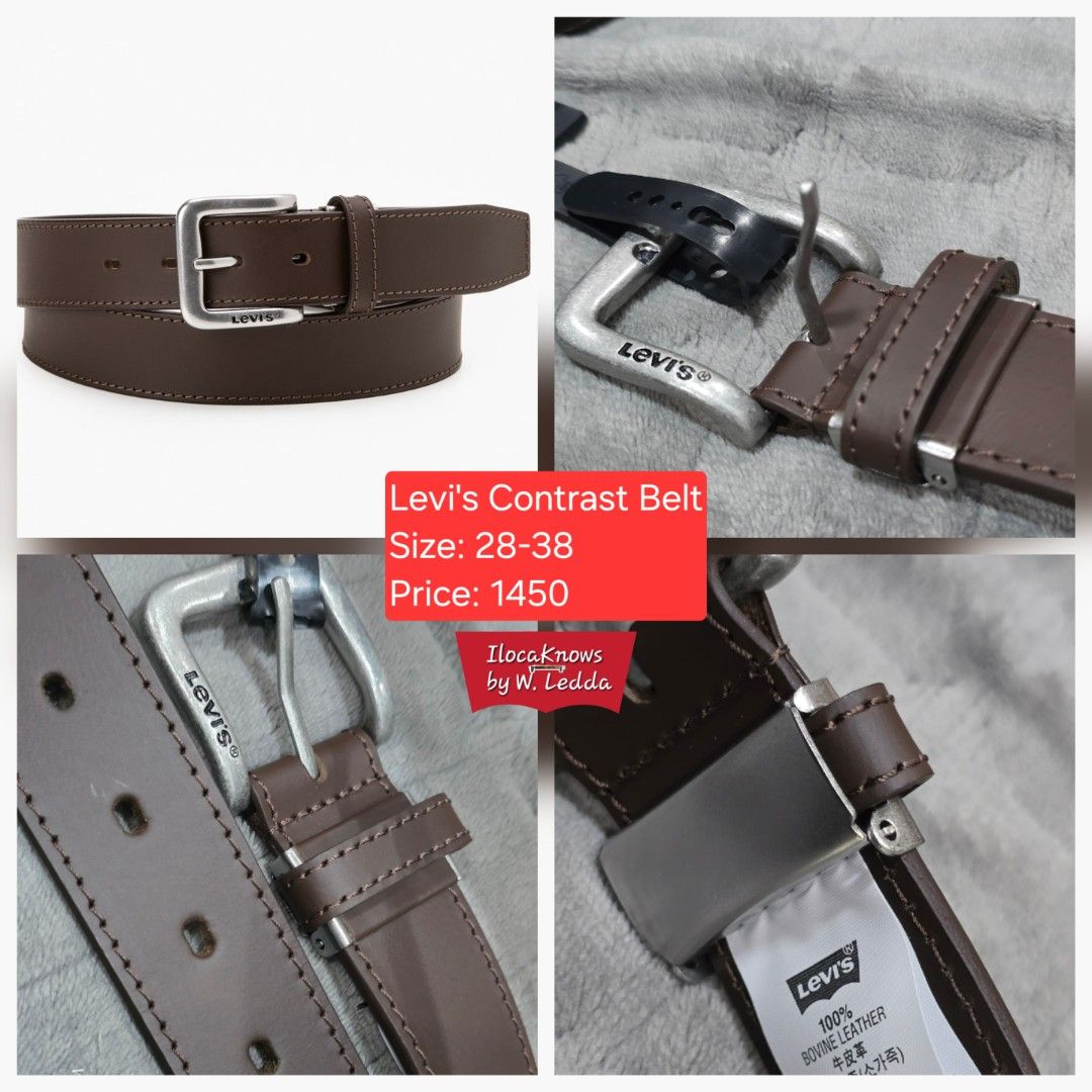 Levi's Contrast Belt - Various Sizes Available (Category: Belts) located in Manila. Submitted by wd_closet (Listing ID 1462663804, Image 2). Description: - Authentic Levi's belts - Available colors: Black, Brown - Sizes available: 28 to 38 - Buckle options: Gold, Silver - Material: Genuine Bovine Leather - Price: Per piece - Please check photos for specific details of each belt.